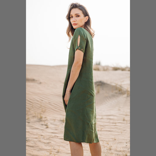 A-line boat neck dress, Olive (100% hemp)