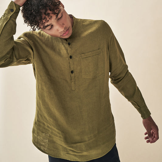 Full sleeves Men's shirt in 100% pure Belgian linen - Olive