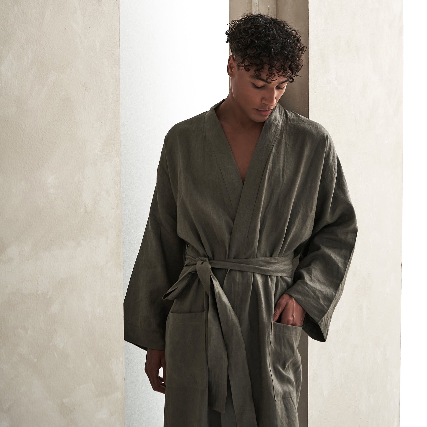 Linen, luxurious home robe, Charcoal